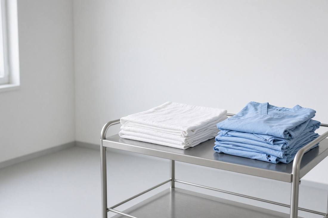 Folded patient linen and pale blue scrubs on a clinic trolley.