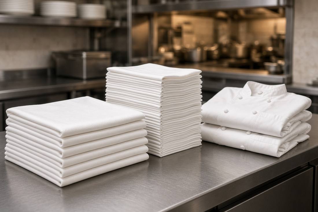 Pressed white tablecloths, napkins, and chef jackets.