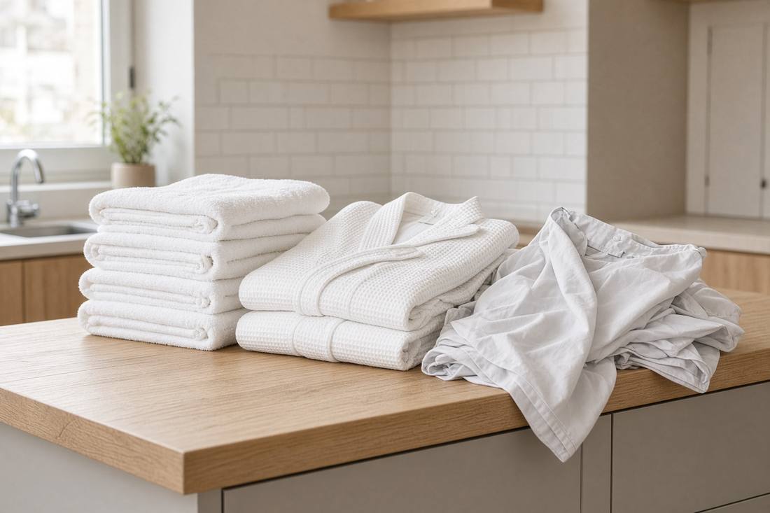 Folded white salon towels and a robe on a timber bench.