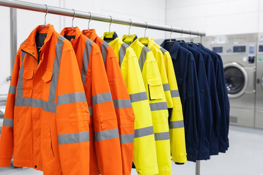 Clean hi-vis jackets and navy uniforms on a laundry rail.